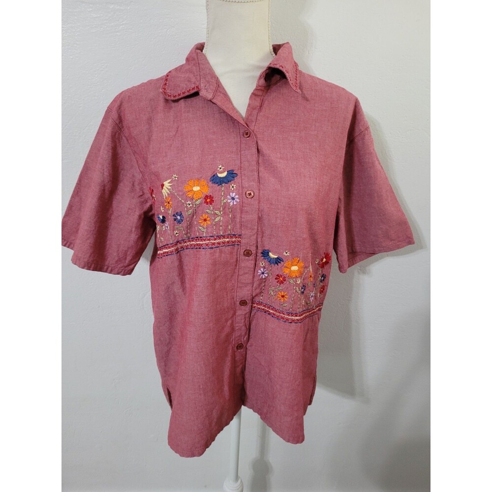 Vintage Cottagecore Flowers Button Front Shirt XL Grandmacore 90s Pink Cotton